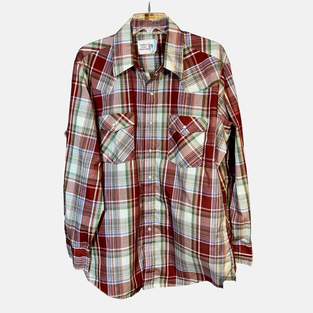 Vintage Saddle King Pearl Snap Plaid Shirt L Cowboy Core USA Western Rodeo 90s